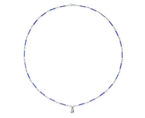 AN ANTIQUE ENAMEL CHAIN NECKLACE in silver, comprising a row of baton links decorated with white and blue guilloche enamel, s