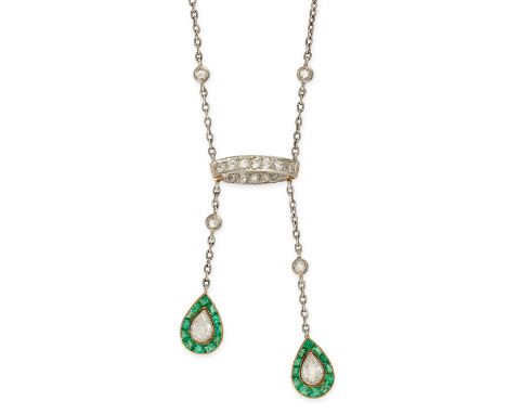 AN EMERALD AND DIAMOND NEGLIGEE PENDANT NECKLACE set with an elliptical ring of singe cut diamonds suspending two drops each 