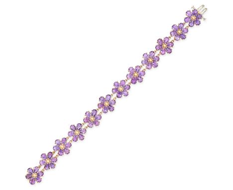 A VINTAGE AMETHYST FLOWER BRACELET comprising a series of of floral links set with pear cut amethyst petals, stamped 10KP IL,
