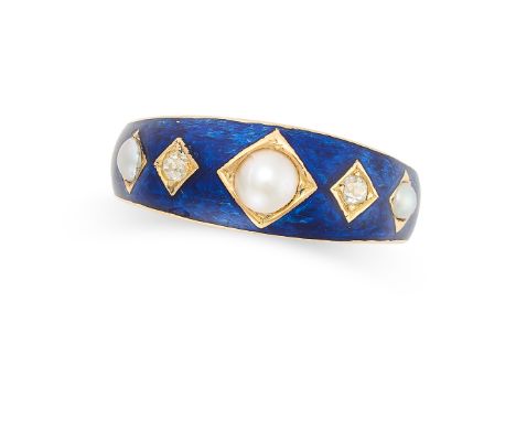 AN ANTQUE PEARL, ENAMEL AND DIAMOND RING in yellow gold, set with a row of alternating pearls and old cut diamonds on a blue 