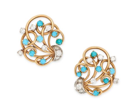 A PAIR OF VINTAGE TURQUOISE AND DIAMOND CLIP EARRINGS in 18ct yellow gold and white gold, set with round cabochon turquoise a