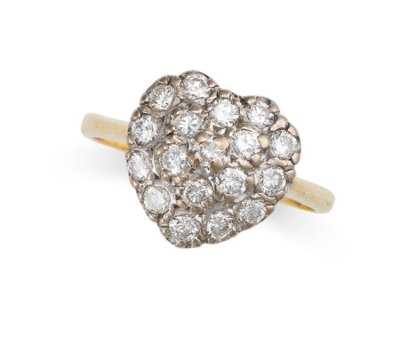 A DIAMOND CLUSTER HEART RING in 18ct yellow gold, the heart shaped face set with round cut diamonds, partial British hallmark