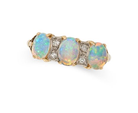 A VINTAGE OPAL AND DIAMOND RING in yellow gold, set with three cabochon opals punctuated by pairs of single cut diamonds, no 