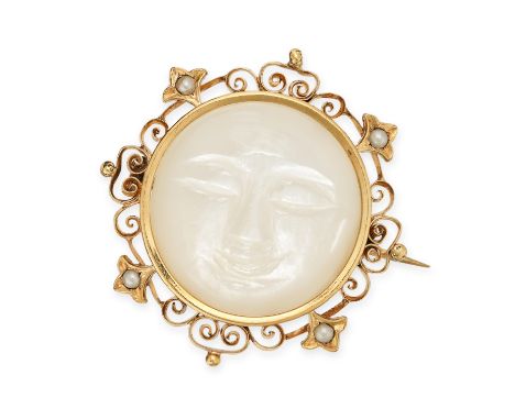A VINTAGE MOONSTONE AND PEARL MAN IN THE MOON BROOCH in yellow gold, set with a carved moonstone depicting the man in the moo