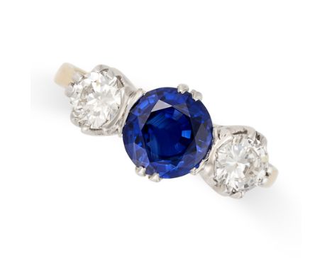 A CEYLON NO HEAT SAPPHIRE AND DIAMOND THREE STONE RING in 18ct yellow and white gold, set with a round cut sapphire of 1.51 c