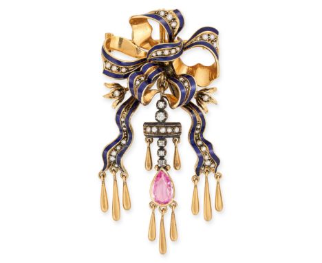 AN ANTIQUE PINK SAPPHIRE, DIAMOND, PEARL AND ENAMEL BOW BROOCH / PENDANT in yellow gold, designed as a ribbon tied in a bow s