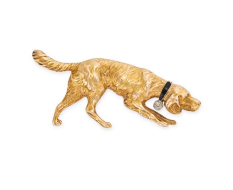A VINTAGE DIAMOND AND ENAMEL RED SETTER BROOCH in 18ct yellow gold, designed as a stooping setter, with a black enamel collar