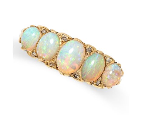 AN ANTIQUE OPAL AND DIAMOND FIVE STONE RING in yellow gold, set with five graduated cabochon opals accented by rose cut diamo