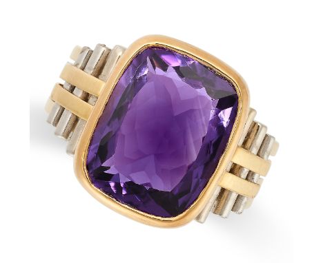 AN AMETHYST DRESS RING in 18ct yellow gold, set with a cushion cut amethyst of 8.04 carats, stamped 18, size R1/2 / 8.5, 20.3