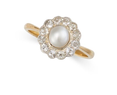 A PEARL AND DIAMOND CLUSTER DRESS RING in 18ct yellow gold, set with a pearl of 5.1mm, within a border of old cut diamonds, n