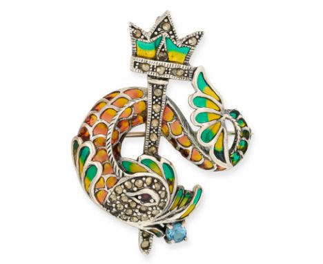 AN ENAMEL, PASTE AND MARCASITE FISH BROOCH in silver, designed as a fish holding a sceptre, set with green, yellow and orange