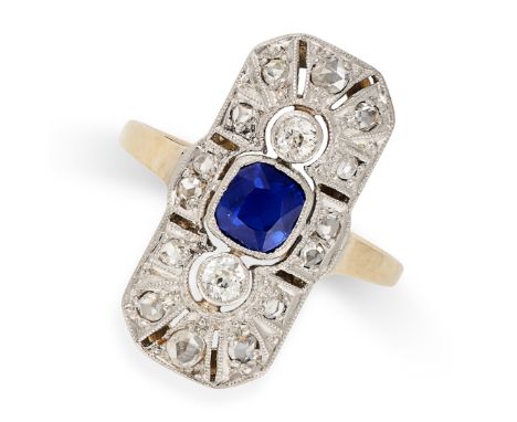 A SAPPHIRE AND DIAMOND RING in yellow gold, set with a cushion cut sapphire accented by old cut and rose cut diamonds, no ass