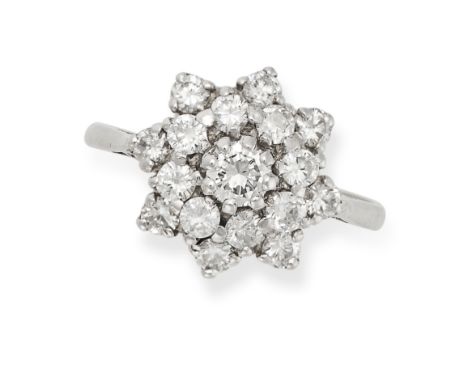 A DIAMOND CLUSTER RING set with a cluster of round brilliant cut diamonds totalling 0.9-1.1 carats, no assay marks, size N / 