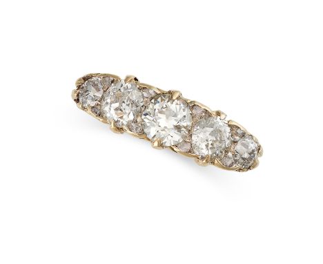 AN ANTIQUE FIVE STONE&nbsp;DIAMOND RING in high carat yellow gold, set with five graduated old cut diamonds accented by rose 