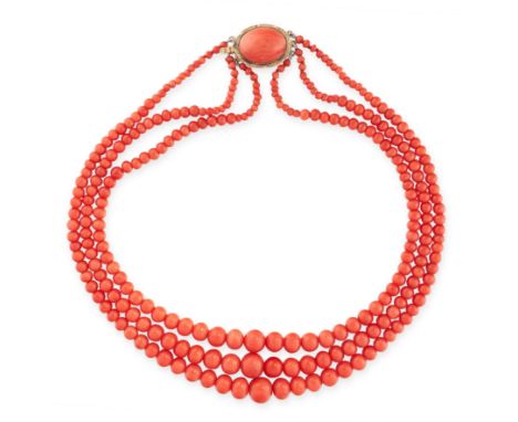 A VINTAGE CORAL BEAD NECKLACE in 18ct yellow gold, comprising three rows of graduated polished coral beads ranging 2.8-10.7mm