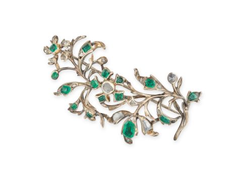 AN ANTIQUE GEORGIAN EMERALD AND DIAMOND SPRAY BROOCH in silver, designed as a floral spray, set throughout with square and cu
