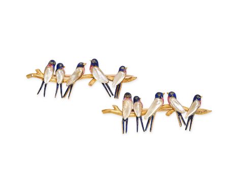 A PAIR OF DIAMOND, ENAMEL AND PEARL SWALLOW BROOCHES in 15ct yellow gold, each designed as five swallows perched on a branch,