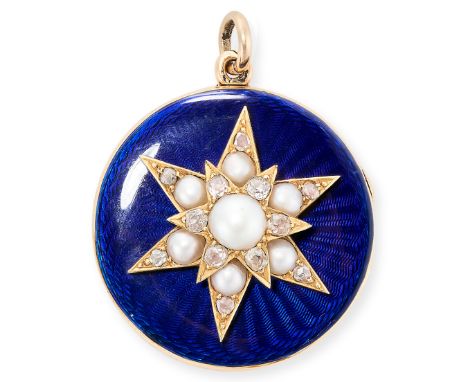 AN ANTIQUE ENAMEL, PEARL AND DIAMOND LOCKET, 19TH CENTURY in yellow gold, the circular hinged locket with an applied star mot