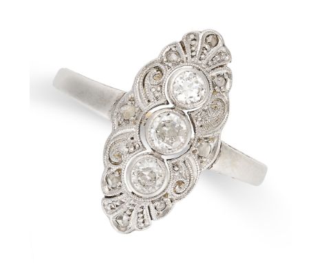 A DIAMOND NAVETTE RING set with three principal old cut diamonds, accented by rose cut diamonds, no assay marks, size N / 6, 