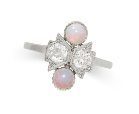 AN OPAL AND DIAMOND DRESS RING in platinum, set with two cabochon opals and two old cut diamonds, the diamond both totalling 