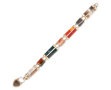 AN ANTIQUE SCOTTISH HARDSTONE BRACELET comprising a series of baton shaped hardstone links, accented by three step cut agate 