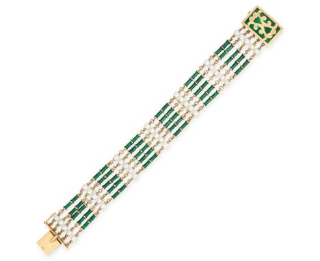 A PEARL AND ENAMEL BRACELET in 18ct yellow gold, comprising five rows of alternating green enamel batons and pearls, the rect