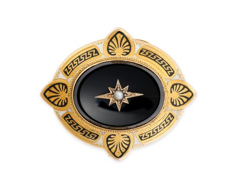 AN ANTIQUE ONYX, PEARL AND ENAMEL LOCKET BROOCH / PENDANT in yellow gold, comprising an oval onyx tablet set with a pearl wit