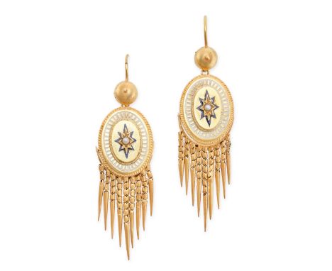A PAIR OF FINE ANTIQUE PEARL AND ENAMEL TASSEL EARRINGS, 19TH CENTURY in yellow gold, in the Etruscan revival manner, the ova