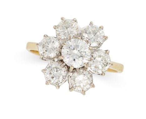 A DIAMOND CLUSTER RING in 18ct yellow gold, set with a cluster of round brilliant cut diamonds all totalling 1.8-2.0 carats, 