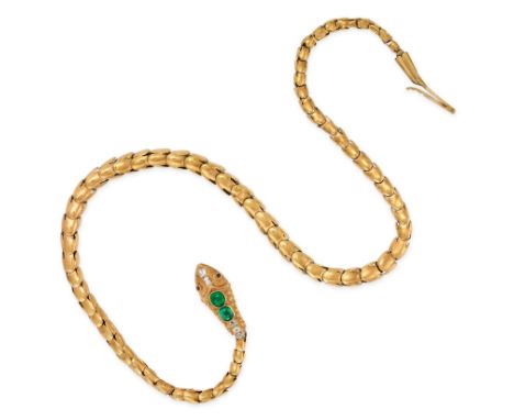 AN ANTIQUE VICTORIAN EMERALD, DIAMOND AND RUBY SNAKE NECKLACE in yellow gold,&nbsp;designed as the articulated body of a snak
