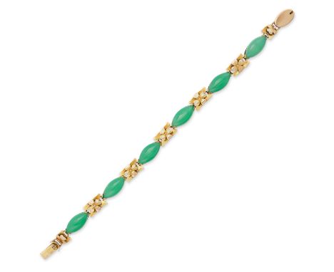 A VINTAGE CHRYSOPRASE BRACELET in 14ct yellow gold, set with marquise cabochon chrysoprase accented by foliate motifs, stampe