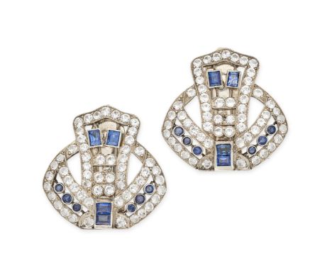 A PAIR OF VINTAGE SAPPHIRE AND WHITE SAPPHIRE DOUBLE CLIP BROOCHES in white and yellow gold, each designed as a shield, set w