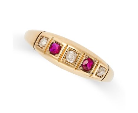 A VINTAGE RUBY AND DIAMOND RING in 18ct yellow gold, set with a row of alternating old cut diamonds and cushion cut rubies, s