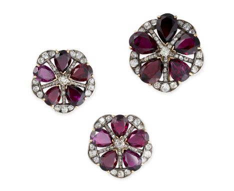 AN ANTIQUE GARNET AND DIAMOND BROOCH AND EARRINGS SUITE, LATE 19TH CENTURY&nbsp;each of circular outline and stylised floral 