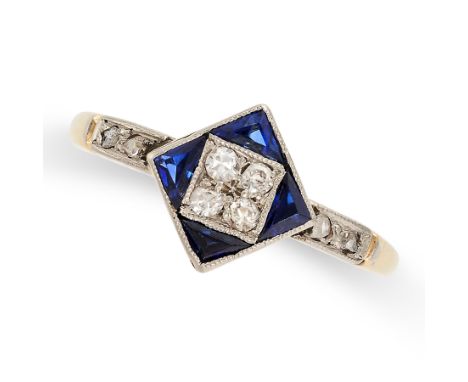 AN ART DECO SAPPHIRE AND DIAMOND RING in yellow gold, set with a cluster of four single cut diamonds in a border of calibre c