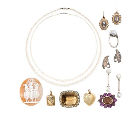 NO RESERVE - A COLLECTION OF JEWELLERY comprising two single row pearl necklaces one of which has a clasp set with old cut di