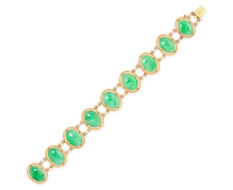 A CHINESE JADEITE JADE BRACELET in 20ct yellow gold, set with nine oval cabochon jadeite, stamped LW20, 18.2cm, 31.6g.