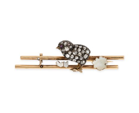 AN ANTIQUE DIAMOND, RUBY AND ENAMEL NOVELTY CHICK BROOCH in yellow gold and silver, comprising two bars set with a chick jewe