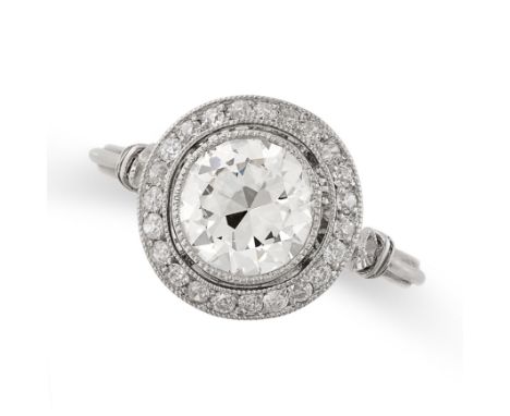 AN ART DECO SOLITAIRE DIAMOND ENGAGEMENT RING set with an old European cut diamond of 1.35 carats within a border of smaller 