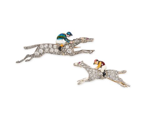 A PAIR OF ANTIQUE DIAMOND AND ENAMEL HORSE AND JOCKEY BROOCHES in yellow gold and silver,&nbsp;the horses jewelled with&nbsp;