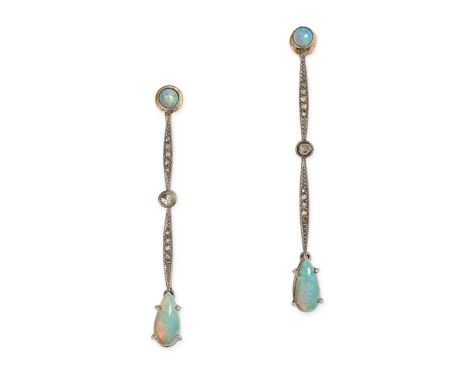 A PAIR OF OPAL AND DIAMOND DROP EARRINGS in 14ct yellow gold, each set with a round cabochon opal suspending a row of rose cu