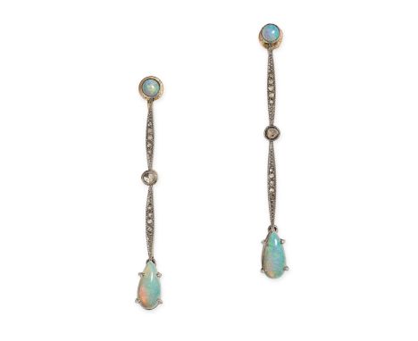 A PAIR OF OPAL AND DIAMOND DROP EARRINGS in 14ct yellow gold, each set with a round cabochon opal suspending a row of rose cu