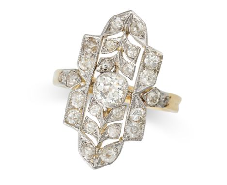 A FINE DIAMOND DRESS RING in 18ct yellow gold and platinum, the stylised openwork face set throughout with old cut diamonds, 