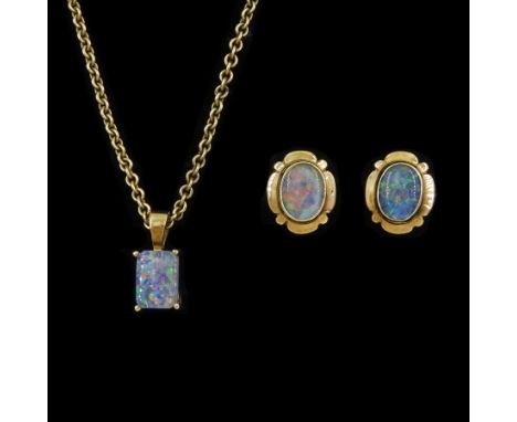 Pair of gold opal triplet stud earrings and a gold opal triplet pendant necklace, all 9ctCondition Report:Stone set approx 2.