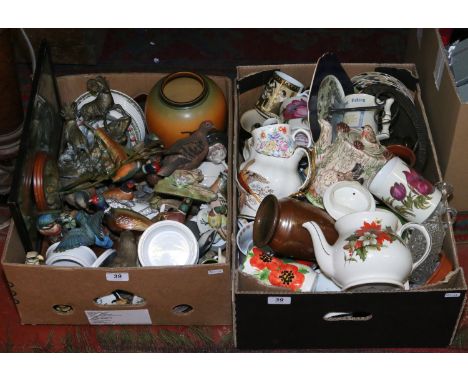 Two boxes of miscellaneous including Hornsea, Johnson Brothers Indian tree, decorative ceramic models of pheasants, Sadler, t