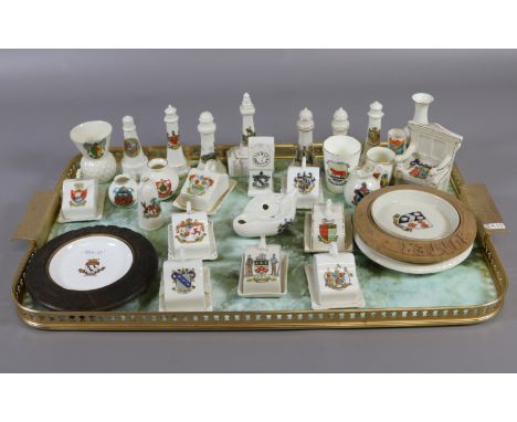 A tray of crested wares by various factories including Carlton china, willow art, Longton, W. H. Goss, Arcadian etc.