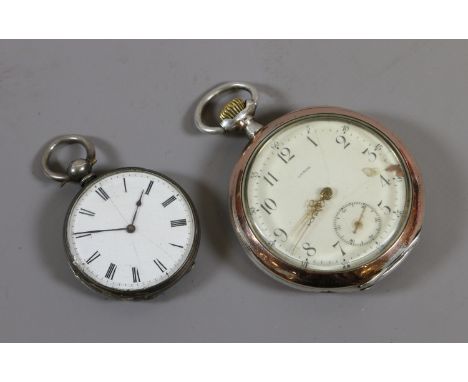 An Omega silver gilt pocket watch with pierced gilt hands and subsidiary seconds, along with a silver cased fob watch. Condit