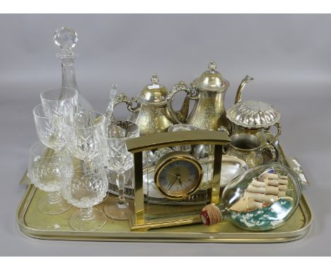 A tray of metal and glassware to include part plated tea set, decanter, drinking glasses etc.