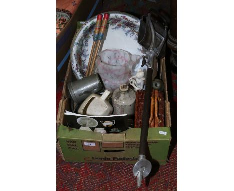 A box of miscellaneous to include Wade advertising jug for Bells Scotch Whisky, cod bottle, pewter tankard, cased childs picn