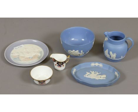 A Royal Crown Derby miniature Imari jug and bowl, three pieces of Wedgwood Jasperware and a Lladro dish.